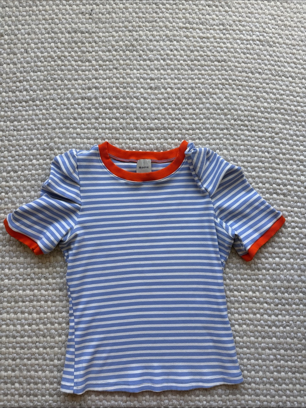 Maeve Blue & White Striped Short Sleeve Tee with Orange Trim